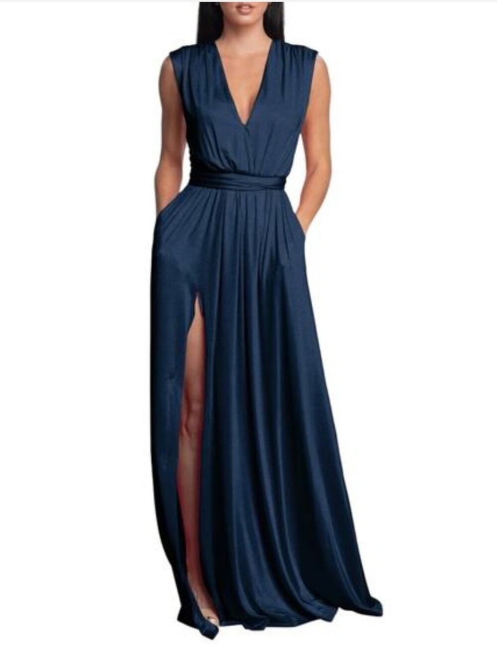 Dress the Population Navy V-Neck Sleeveless Maxi Dress with High Slit